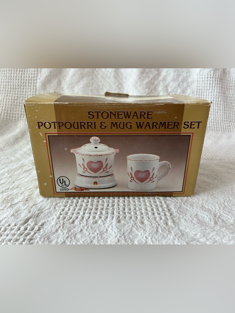 NOS Stoneware Potpourri & Mug Warmer Set - White and Pink
